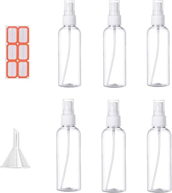 50ml Small Spray Bottle Empty Clear Fine Mist Spray Bottles Plastic Travel Atomiser Bottle Set Refillable Liquid Containers with 1pcs Funnels and 24pcs Labels for Make-up Cosmetic Hair 6PCS