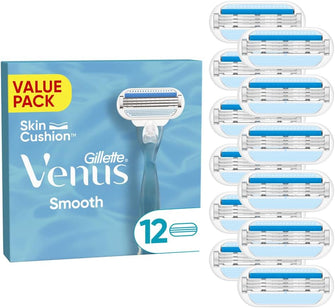 Gillette Venus Smooth Razor Blades Women, Pack of 12 Razor Blade Refills, Lubrastrip with A Touch of Botanical Oils