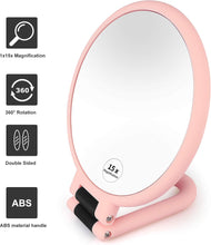 15x Magnifying Hand Held Mirror, Linkstyle Double Sided Makeup Mirror with 1X 15X Magnification and Adjustable Folding Handle, Professional Handheld Stand Travel Mirror, Pink