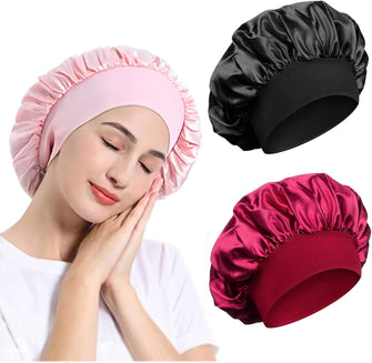 3 Pack Satin Bonnet, Night Sleep Caps with Wide Elastic Band, Silk Wrap, Soft Head Cover Sleeping Hat for Women and Girls Curly Hair