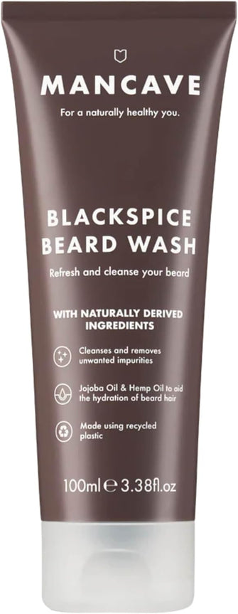 ManCave Blackspice Beard Wash 100ml, Refreshes and Cleanses beard and underneath skin with Jojoba Oil and Hemp Oil, Combat beard itch and flakiness, Vegan Friendly, Made in England