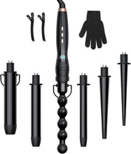 6 In1 Curling Wand Iron-Curly Curling Iron Set with Different Accessories, Hair Curlers Wand Tourmaline Ceramic Anti-Static Coating Corrugated Iron, LCD Display, Heat Resistant Glove and 2 Clips