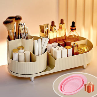 BULLA Makeup Organiser, 360 Rotating Makeup Organiser, Rotating Compartment 2 In 1 Skincare Organiser, Makeup Organizer Storage Is Perfect for Dresser, Bathroom, Bedroom (White)