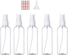 Akliocss 100ml Small Spray Bottle Empty Clear Fine Mist Spray Bottles Plastic Travel Atomiser Bottle Set Refillable Liquid Containers with 1pcs Funnels and 24pcs Labels for Make-up Cosmetic Hair 5PCS