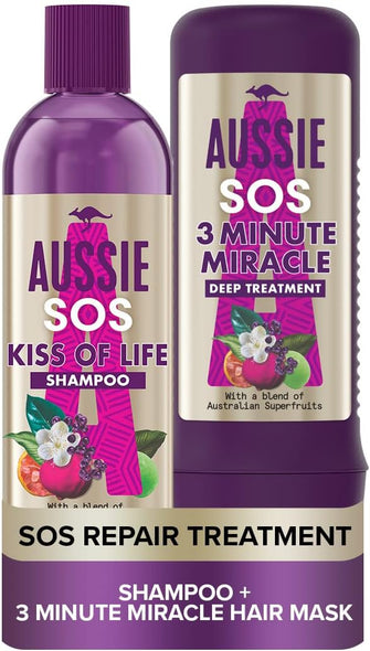 Aussie SOS Shampoo And Deep Treatment Hair Mask Set for Dry Damaged Hair, Kiss of Life Hair Repair Hair Care Set With Australian Superfoods, Shampoo (290 ml) + 3 Minute Miracle Hair Mask (225 ml)