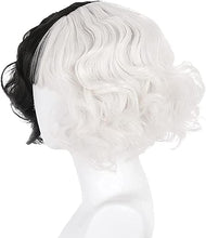 Half Black and Half White Wig Cosplay Deville De Vil Cosplay Wigs Short Curly Synthetic Hair Wig for Women Halloween Carnival Party Fancy Dress