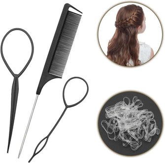 Hair Braiding Tool Rat Tail Comb Braid Tail Hair Loop Tool - Hair Pull Through Tool Pin Tail Comb - Parting Comb hair Twister looping Tool Elastic Hair ties French Braid Gift Set