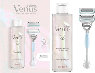 Gillette Venus Women's Razor + 2 Blade Refills + 2in1 Shave Gel and Cleanser 190ml Bundle, Specifically Designed for Pubic Hair & Skin with A PH Balance