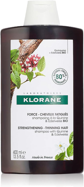 Klorane Strengthening Quinine and Organic Edelweiss Shampoo  Tired Hair, Hair Loss  Sulphate-Free, Vegan Formula  1x 400ml Bottle