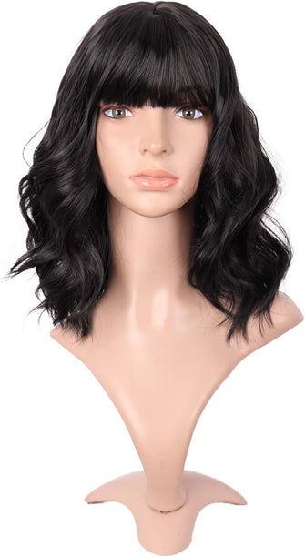 MapofBeauty 14 Inch/35cm Fresh Flat Bangs Short Curly Hair Ordinary Wig (Black)