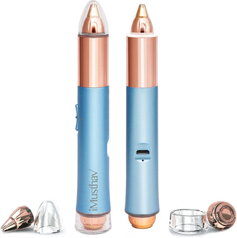 iMusthav Dual Function Brow & Facial Hair Remover USB Rechargeable. Precision Pencil-tip 18K Gold Plated Heads 360-degree LED Light. All Your Facial Hair Removal Needs in one Unit (Crystal Blue)