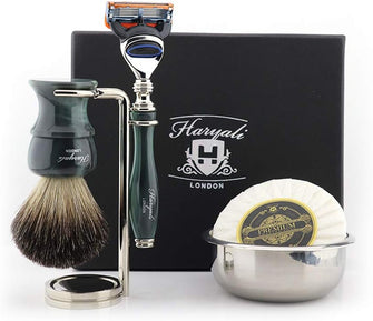 Haryali London Classic Mens Shaving Kit with 5 Edge Cartridge Razor, Pure Black Badger Hair Shaving Brush, Stand, Bowl and Soap Perfect New Year Gift Set for Men