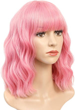 Pastel Pink Wigs For Women Girls 14inch Quality Short Curly Wavy Bob Wigs With fringe Shoulder Length Wig Party Cosplay Fancy Dress Wigs