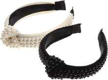 Lurrose 2pcs Pearl Headband Twist Knot Hard Headband Wide Plain Hair Hoop Elegant Beads Headband for Women (White and Black)