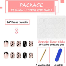 24Pcs Square False Nails Short, Black French Press on Nails with Heart Design, Cute Acrylic Fake Nails Kits Stick on Nails for Women and Girls Nail Art Manicure Decoration