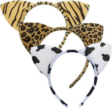 3PCS Cat Ears Headbands Hair Band Animal Plush Hairband Hair Hoop Headwear Cosplay Hair Accessories for Party Fancy Dress Christmas Halloween Costume(Tiger+Cow+Leopard)