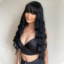 Longbest Long Wavy Wig,Heat Resistant Synthetic Wig Ombre Blonde Wig, 28inch Lace Front Wig, Breathable and comfortable wig,Middle Parting for Women, Long Wig with Fringe (28Inch black wig+Wig Cap)