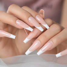 French False Nail Tip, 24Pcs Nude White Fake Nails, Press on Nails Long, Acrylic Stick on Nails, Coffin Ballerina French Design Nails Tips with Glue Sticker for Women and Girls Nail Art