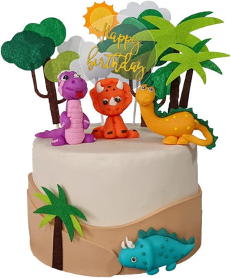 JollyEst 3D Dinosaur Cake Topper  Colourful Clay 14 Piece Set  Handmade polymer clay and felt with Happy Birthday sign  Dinosaur Birthday Decorations  Baby Boy Cake Decorations