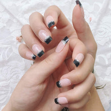 French Fake Nail Nude Nails with Black and Glitter Top Artificail Nails for Daily Wear Medium Size False Nails