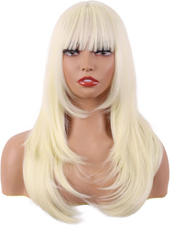 MapofBeauty 24 Inch/60 cm Long Straight Layered with Bangs Synthetic Hair Shoulder Length Daily Use Wig (Light Blonde)