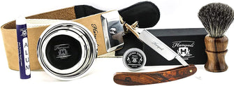 Haryali London Shaving Kit - 6pc Straight Razor Kit - Wooden - Cut Throat Razor - Badger Shaving Brush - Shaving Bowl - Leather - Straight Razor Strop - Honing Compound - Alum Stick