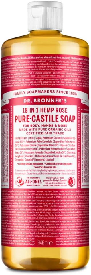 Dr Bronner Rose All-One Magic Soap, Non-GMO, Fair Trade Certified, Made With Organic Oils. Floral & Fresh Scent, Concentrated Liquid Soap, Suitable For Face, Body, Hair, Clothes, 100% Vegan, 945ml