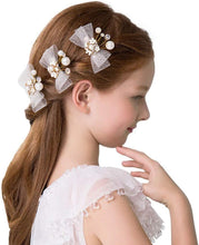 IYOU Bow Hair Clip Gold Flower Headpieces Pearl Crystal Head pieces First Communion Lace Hair Accessories for Flower Girls and Bridesmaid (pack of 3)