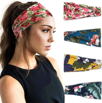 IYOU Boho Headband Flower Yoga Hair Bands Pink Sport Elastic Head Wraps Wide Polyester Running Headbands for Women and Girls (pack of 4)