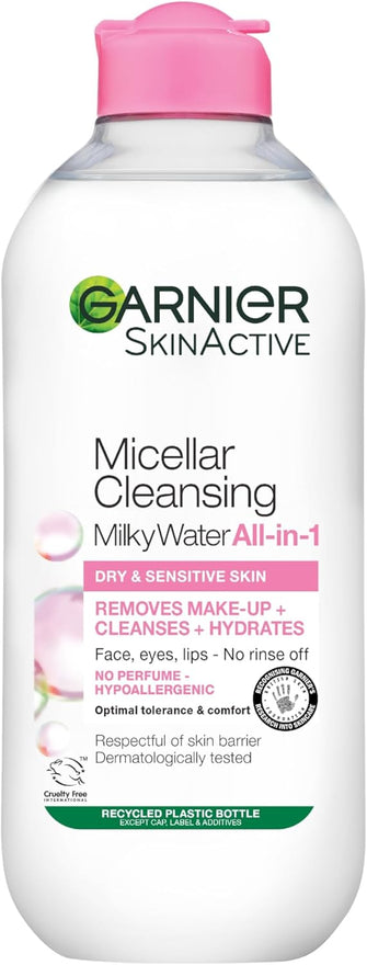 Garnier Micellar Cleansing Water For Dry Skin 400 ml, Milky Face Cleanser and Makeup Remover, Fragrance Free, Recognised By The British Skin Foundation, Use With Reusable Micellar Eco Pads