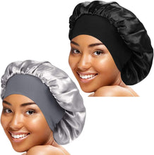 Hair Bonnet for Sleeping,2 Pack Bonnet with Wide Elastic Band, Hair Care Sleeping Head Cover Elastic Hat Hair Bonnet for Curly Hair,Night Sleep Cap Silky Bonnet for Women Girls (Black+Grey)