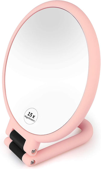 15x Magnifying Hand Held Mirror, Linkstyle Double Sided Makeup Mirror with 1X 15X Magnification and Adjustable Folding Handle, Professional Handheld Stand Travel Mirror, Pink