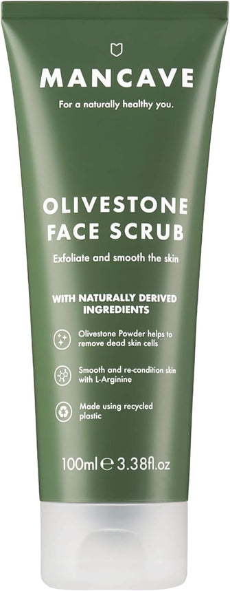 ManCave Olivestone Face Scrub 100ml, Exfoliates & Smoothes, Fight dullness and dead-skin build up, Natural effective smoothing exfoliants using Olive Stone Particles, Vegan, Made in England