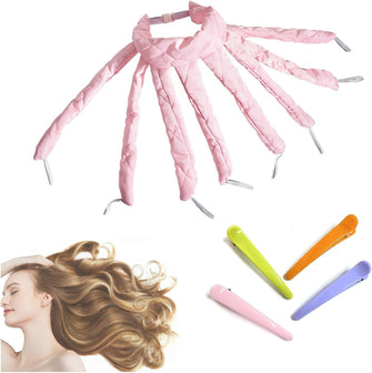 Heatless Curling Rod Headband,Pink,Silky Lazy Wavy Hair Set DIY Hair Styling Tool for Long Hair (with 4 Hair Clips)