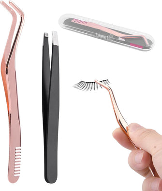 2PCS Lash Tweezers, Makeup Eyelash Remover for Extensions Tool Ergonomic Handle with Comb Eyebrow Tweezers(Rose Gold+Black)