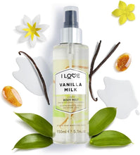 I Love Vanilla Milk Scented Body Mist, Formulated With Natural Fruit Extracts Which Offer a Burst of Fragrance, FastDrying Refreshment Throughout the Day, VeganFriendly 150ml