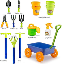 Delex Pull along Kids Wagon Wheelbarrow and Gardening, Beach and Tools Play Set With Water Pail and Spray Includes 10 Accessories and 4 Plant Pots