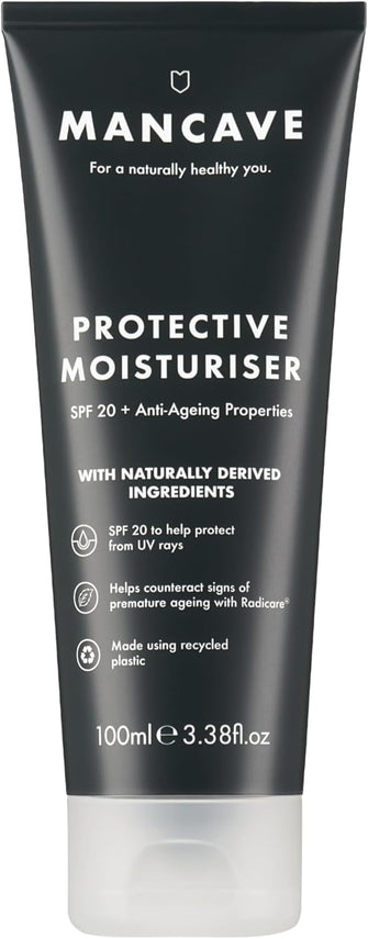 ManCave Anti-Ageing & SPF 20 Moisturiser 100ml, Counteract sign of Premature Ageing, Natural Formulation with Rosehip Oil and Vitamin E, Vegan, Made using Recycled Plastics, Made in England