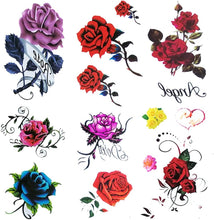 6 Sheets small fake Rose tattoo for women kids Girls,Temporary Tattoos blue red flower,waterproof and Long Lasting sexy body tattoos flowers -purple pink yellow rose flowers