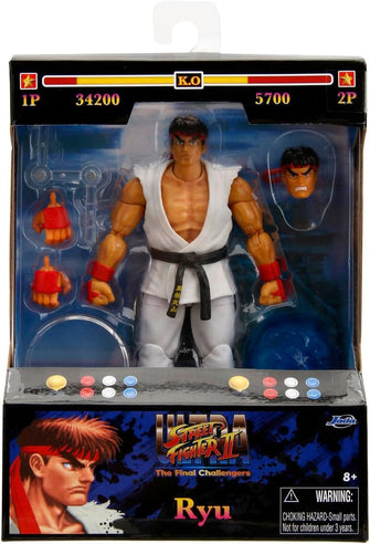Jada - Street Fighter II Ryu, Articulated Figure 15 cm, with Interchangeable Hands and Head, Accessories and 20 Articulated Points (253252025), White