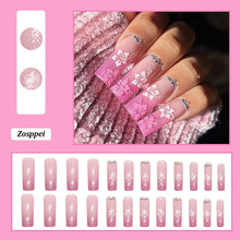 24 PCS Long Pink Press on Nails Gradient Rhinestone False Nails Glossy Ballerina Fake Nails with Flower Design Full Cover Nail Tips for Women and Girls Party