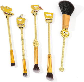 5 Pieces SpongeBob SquarePants Makeup Brush Set, ZHULIA-Metal Handle Stick Makeup Brush Set Cartoon Makeup Brush for Foundation Blending Blush Concealer Cartoon Anime Peripheral Gift (Gold)