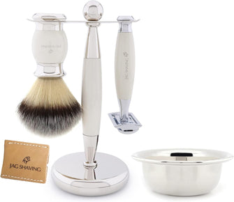 Jag Shaving Shaving Kit - Ivory Shaving Set - Shaving Set for Men - and Women - Synthetic Shaving Brush - Double Edge Safety Razor - Shaving Stand - Shaving Bowl - Leather Razor Case