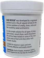 Foot and shoe powder 100g - Odour remover and eliminator - Developed by a registered podiatrist Shoe Rescue is a 100% natural deodorant remedy to eliminate smelly shoes and feet - Keeps feet fresh