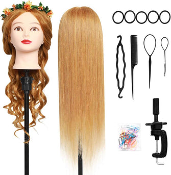 DanseeMeibr Training Head, 24-27 Inch 100% Real Hair Hairdressing Head, Professional Training Head, Makeup Head, Wig Head for Hair Training with Table Clamp+ DIY Hair Hairstyles Set