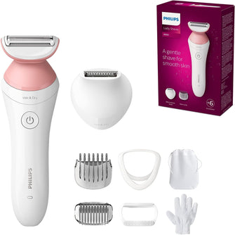 PHILIPS Lady Shaver Series 6000 Wireless Razor with 6 Accessories Body Exfoliating Glove Bikini Zone Trimmer (Model BRL146/00), White/Pink