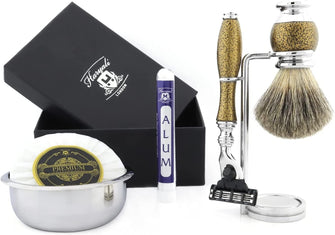 Haryali London Shaving Kit - 6pcs Gold antique - Shaving Set - Badger Shaving Brush - 3 edge Shaving Blade Shaving Razor - Shaving Stand - Shaving Soap - Shaving Bowl - Alum Stick