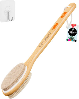 Hedonic Body Brush with Natural Soft & Stiff Bristles - Long Handle Back Scrubber for Shower & Bath Use for Dry Brushing Exfoliating Washing Lymphatic Drainage Dry Skin Cellulite Scrub Massage Bathing