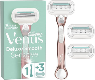 Gillette Venus Deluxe Smooth Sensitive Women's Razor + 3 Razor Blade Refills, with Rose Gold Metal Handle, Lubrastrip with A Touch of Aloe Vera