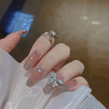 Long Glossy Press on Nails Nude French Coffin Fake Nails Full Cover Ballerina Nails with Diamonds and Shiny Bow Design for Women and Girls(24 PCS)